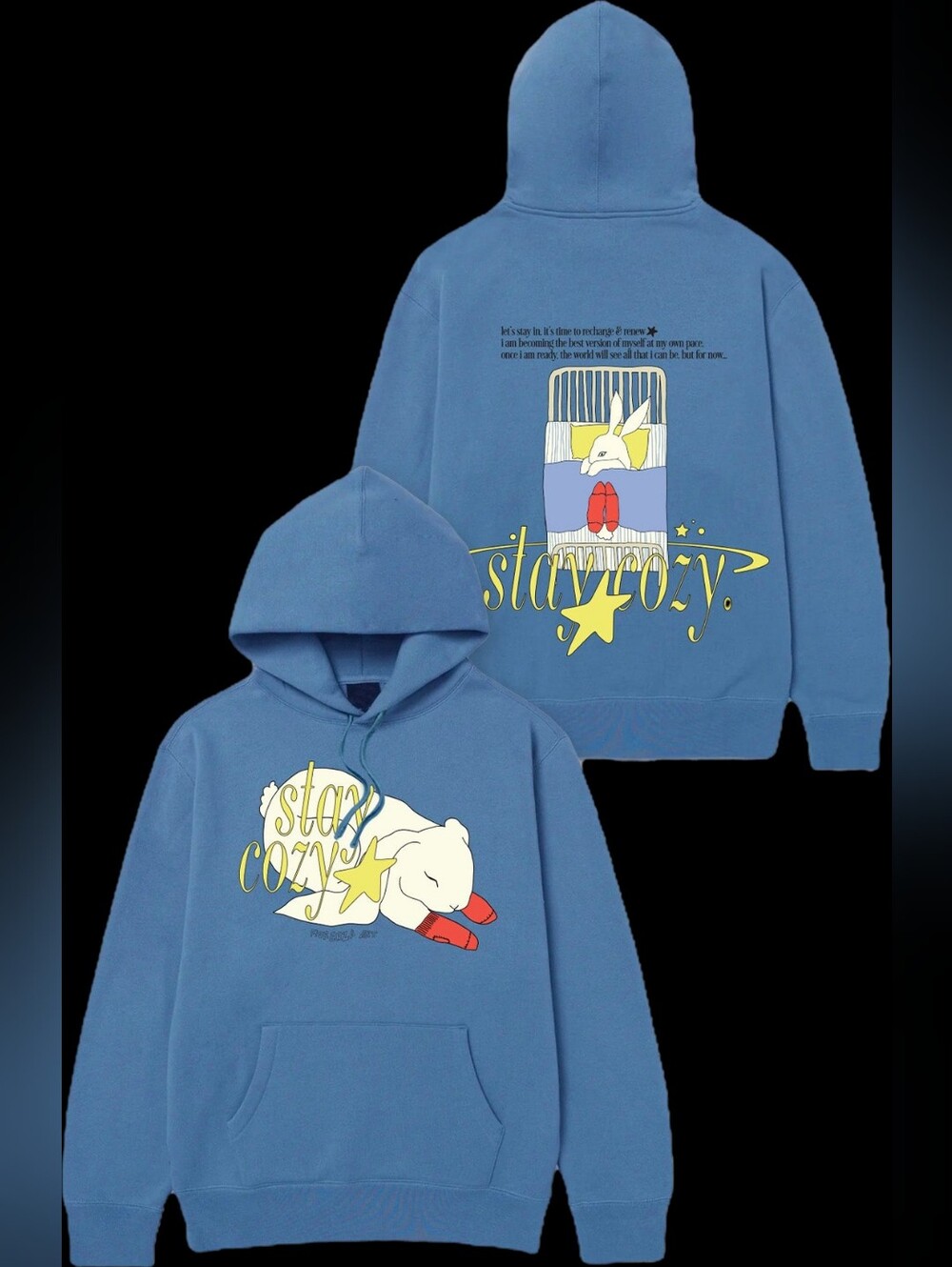 FIORENZA ART Unisex Blue "Stay Cozy" Bunny Graphic Hoodie Sweatshirt Small